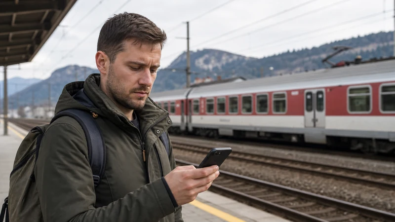 Traveller testing smartphone data speed at a railway platform in Slovakia.