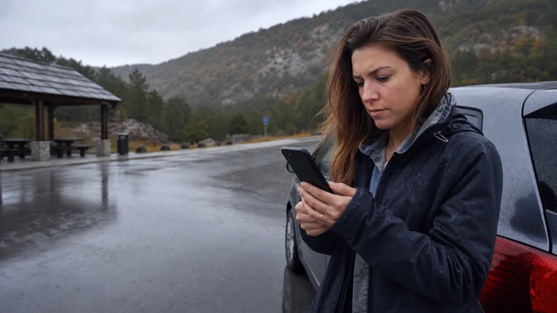 Traveller troubleshooting slow mobile data at a rainy Slovenia roadside stop.