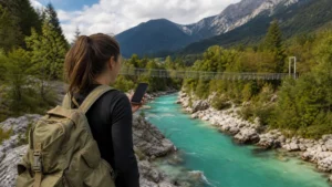 Traveller using a smartphone beside the turquoise Soča River near Bovec.