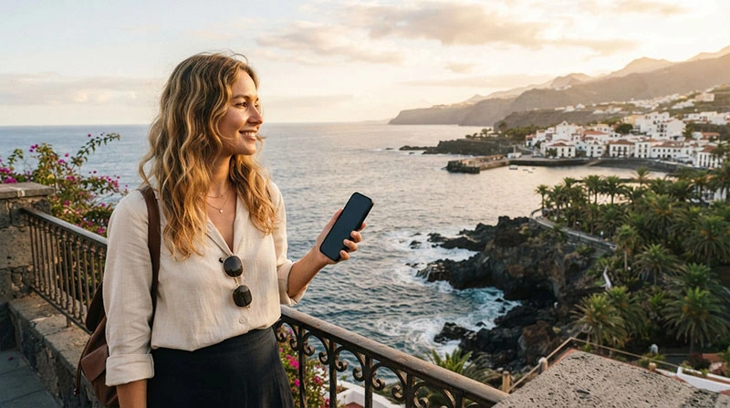 Traveller using a travel eSIM during a combined trip through Spain and the Canary Islands