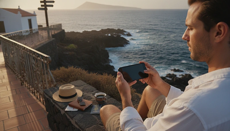 Traveller comparing Spain and Canary Islands eSIM options on a smartphone before an island trip