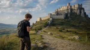 Traveller checking a smartphone on the approach to Spiš Castle in eastern Slovakia.