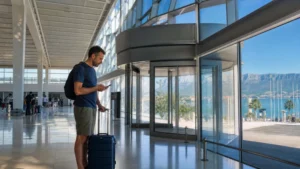 Traveller checking a phone inside Split Airport.