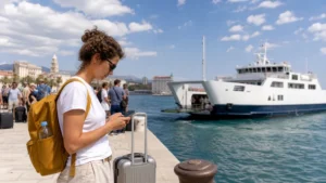 Traveller checking a ferry ticket at Split port before Hvar.