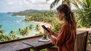 Traveler using a Sri Lanka eSIM on an iPhone while exploring the island