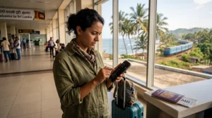 Traveler checking roaming charges before using mobile data in Sri Lanka