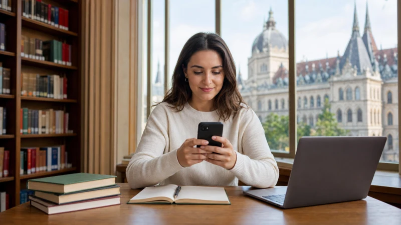 International student using a smartphone on a university campus in Hungary
