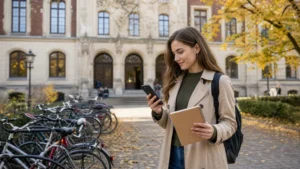 Student comparing eSIM plans near a Polish university campus.