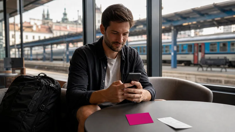 Traveller examining an unbranded magenta prepaid SIM card in Brno.