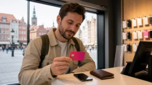 Traveller examining an unbranded magenta prepaid SIM card in a Gdańsk mobile shop.