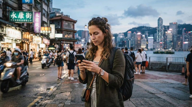 Traveller using one eSIM for mobile data during a trip to Taiwan and Hong Kong