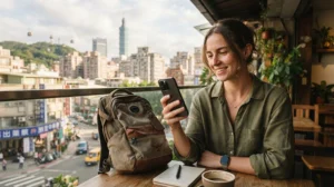 Traveller installing a Taiwan eSIM on an iPhone before travelling
