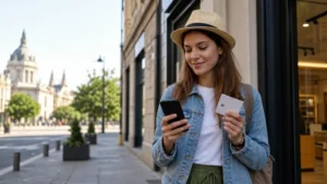 Traveller activating a tourist SIM outside a mobile shop in Budapest, Hungary