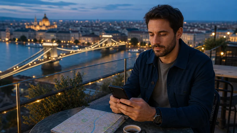 Traveller comparing mobile networks on a rooftop above the Danube in Budapest, Hungary