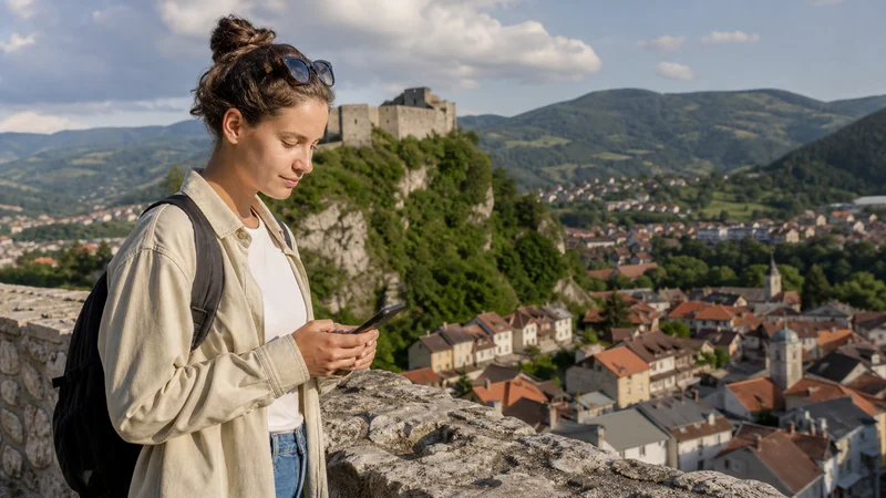 Traveller using a smartphone during mobile internet for a travnik day trip in Bosnia and Herzegovina.