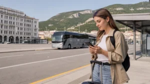 Traveller checking mobile data at a coach stop between Trieste and Ljubljana.