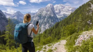 Hiker checking a smartphone beside an alpine trail in Triglav National Park.