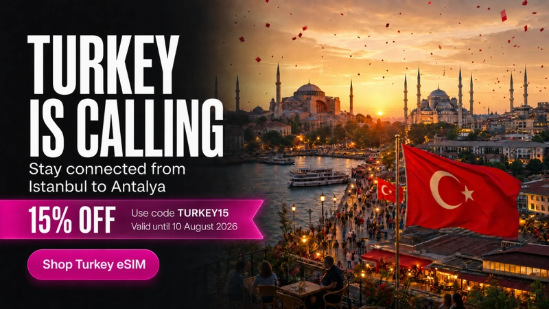 Sunset view of Istanbul with Turkish flags and the headline “Turkey Is Calling,” promoting 15% off Turkey eSIMs with code TURKEY15, valid until 10 August 2026.