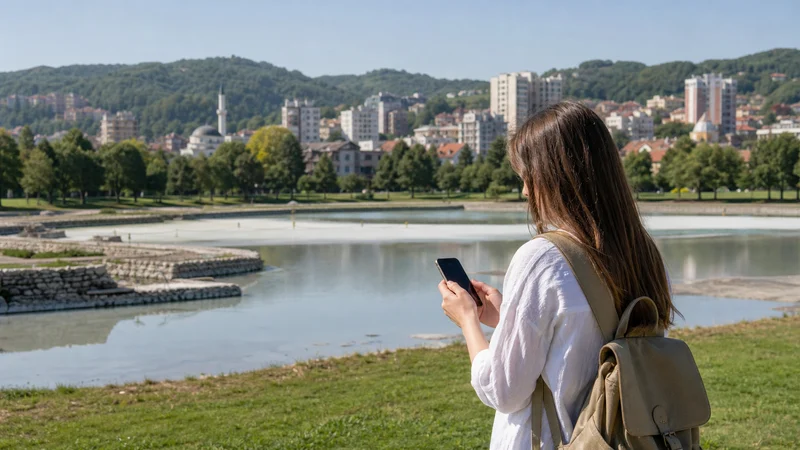 Traveller using a smartphone during mobile internet in tuzla in Bosnia and Herzegovina.