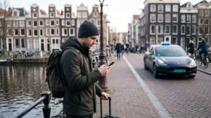 Traveller using mobile internet to request an Uber ride in the Netherlands