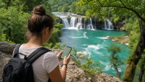 Traveller using a smartphone during mobile internet for visiting una national park in Bosnia and Herzegovina.