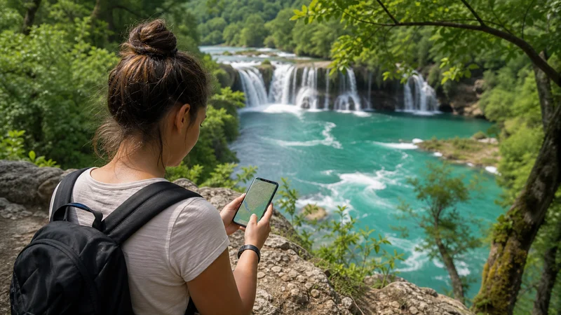 Traveller using a smartphone during mobile internet for visiting una national park in Bosnia and Herzegovina.