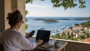 Remote worker using a laptop and smartphone on a balcony overlooking Hvar harbour.