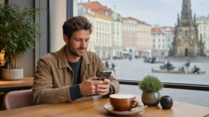 Traveller reviewing mobile data use at a café in the Czech Republic.