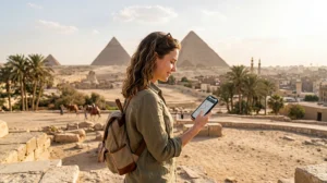 Tourist using unlimited mobile data while traveling in Egypt