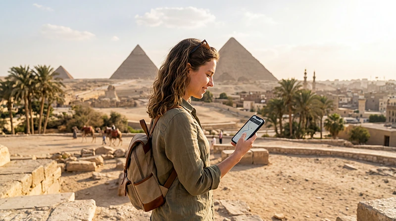 Tourist using unlimited mobile data while traveling in Egypt