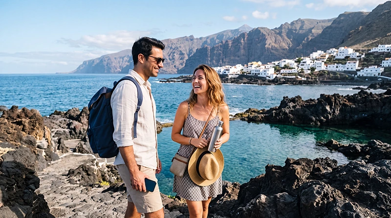Couple using an unlimited data eSIM while exploring the volcanic coastline of the Canary Islands