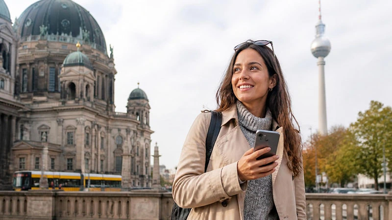 Traveller using an unlimited data eSIM on a smartphone during a trip to Germany