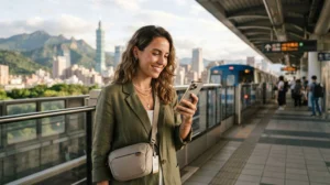 Traveller using an unlimited-style data eSIM while exploring Taiwan