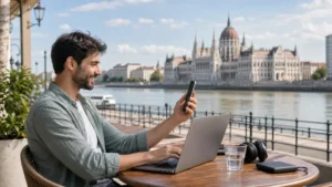 Traveller using a smartphone beside a laptop on the Danube in Budapest