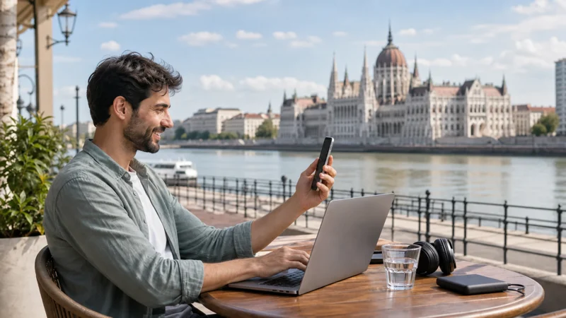 Traveller using a smartphone beside a laptop on the Danube in Budapest