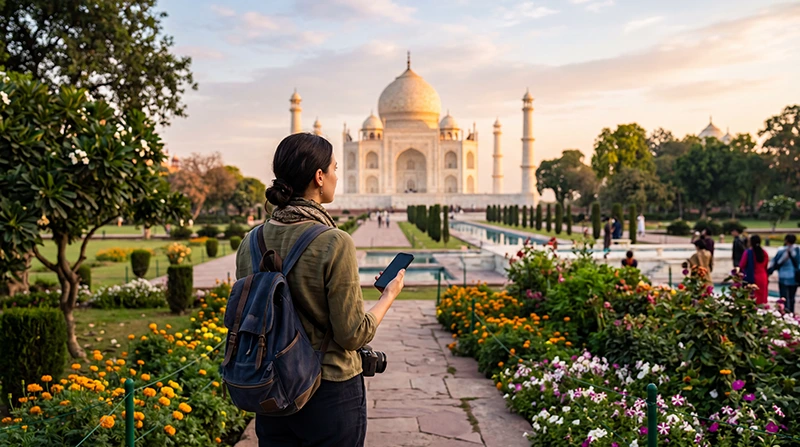 Traveler using unlimited mobile data in India with a travel eSIM