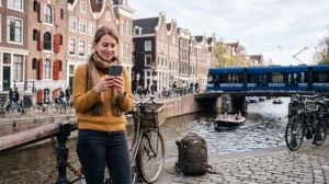 Tourist using an unlimited data eSIM while travelling in the Netherlands