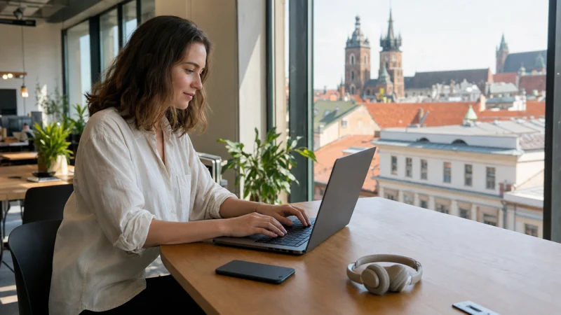 Remote-working traveller using mobile internet in a Kraków coworking space.