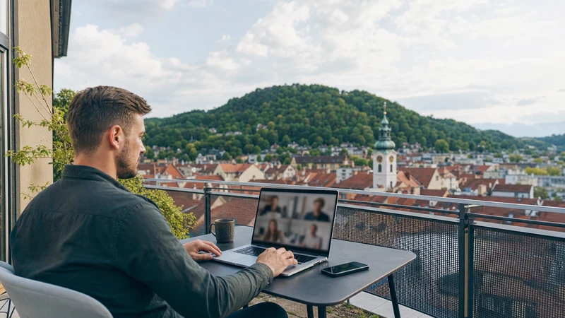 Remote traveller working online from a balcony overlooking Maribor.