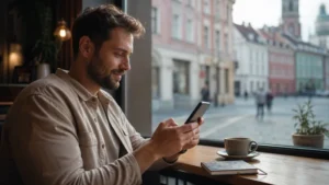 Traveller sending a WhatsApp message from a café in Poland.