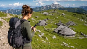 Hiker checking mobile data among the huts of Velika Planina.