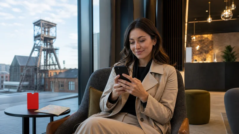 Traveller examining an unbranded red prepaid SIM card in Ostrava.