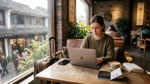 Traveler preparing secure internet access before traveling to China