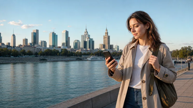 Traveller reviewing roaming settings beside the Warsaw skyline.