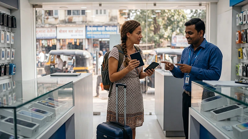 International tourist completing identification checks to buy a local SIM card in India