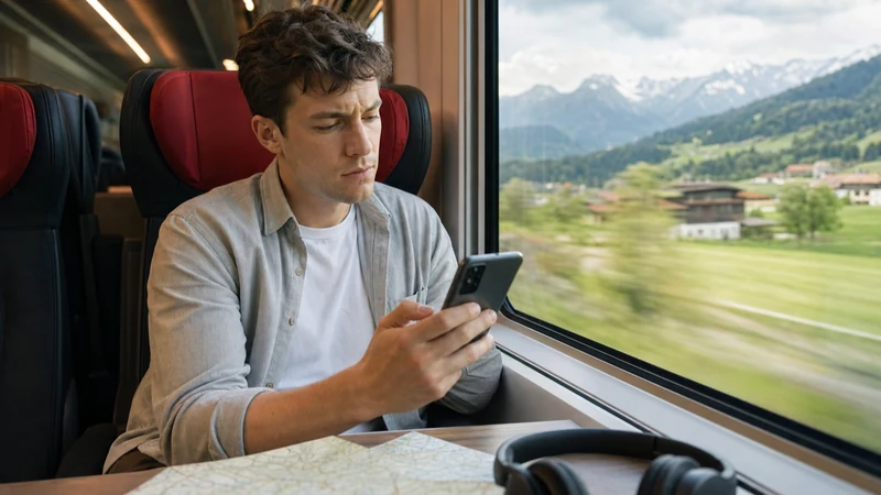 Traveller checking slow eSIM data on a train through the Austrian Alps