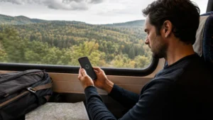Traveller diagnosing a slow Czech Republic eSIM on a train.