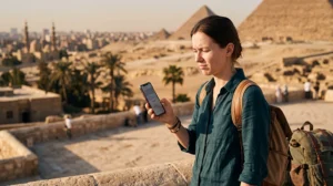 Tourist checking slow eSIM mobile internet while traveling in Egypt