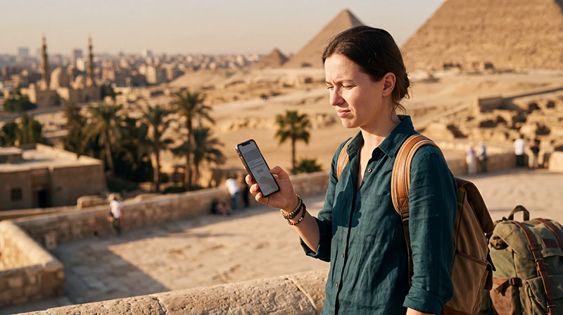 Tourist checking slow eSIM mobile internet while traveling in Egypt