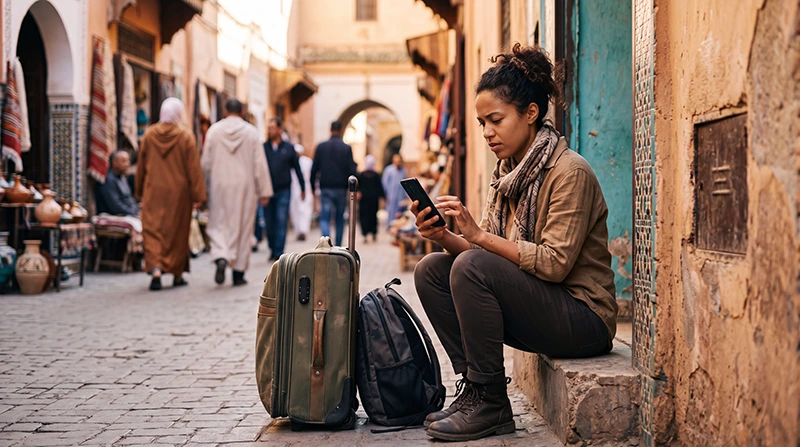 Traveler troubleshooting slow eSIM internet in Morocco